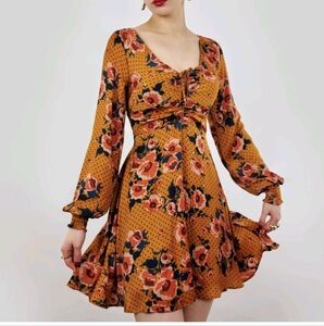 Free People Morning Light Lined Floral Dress Sz 2 Neutral Marigold Bronze Silky